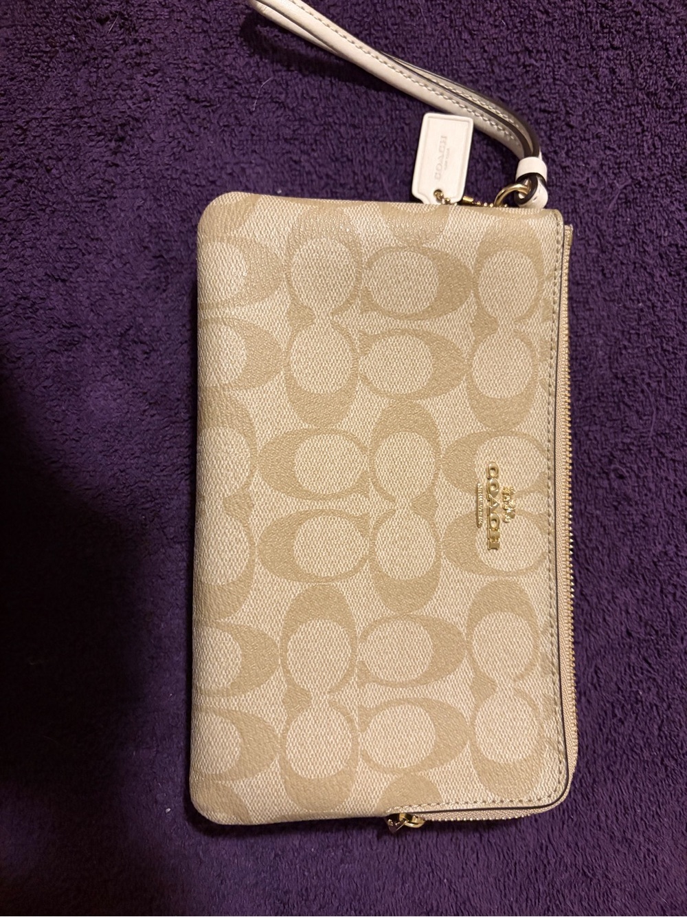 Coach Beige Signature Canvas Wristlet with Gold Hardware